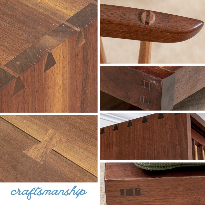 Examples of craftsmanship indicative of George Nakashima furniture include dovetail joinery, butterfly joints, and free-edge surfaces.